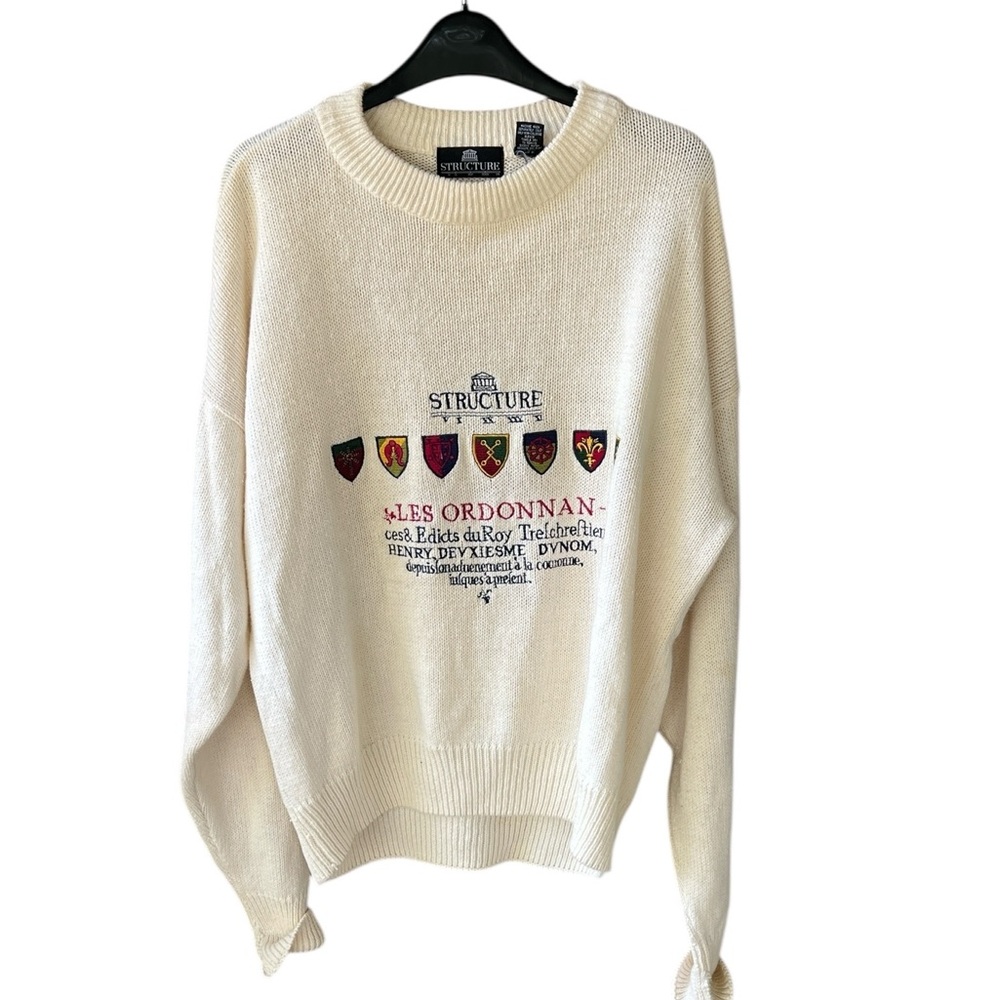 Structure Sz L Vintage Ramie Cotton Off-White Crew Embroidered Crests Preppy